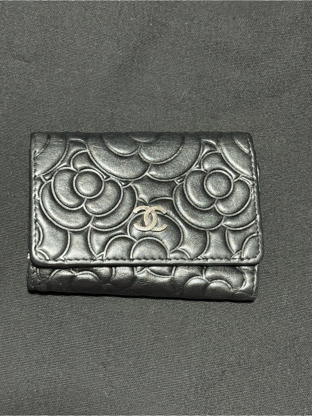 CHANEL Black Camellia-Embossed Leather Small Wallet